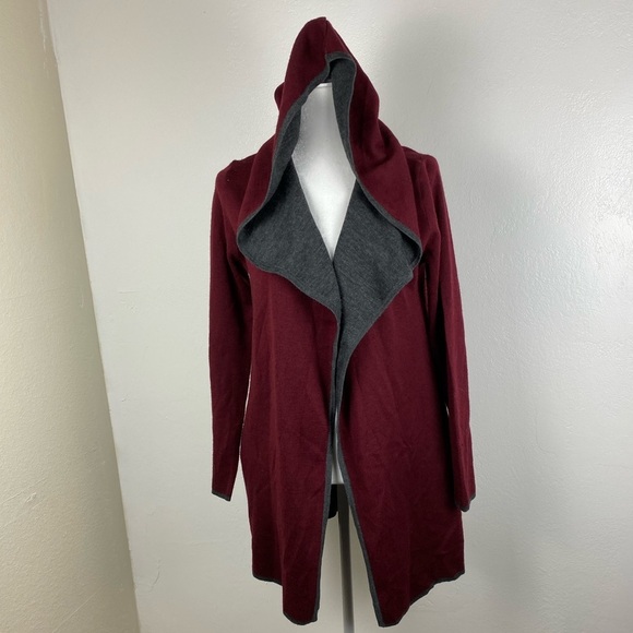 BNCI Black Noir Wool Blend Hooded Open Front Maroon Gray Sweater Cardigan Medium - Picture 10 of 10